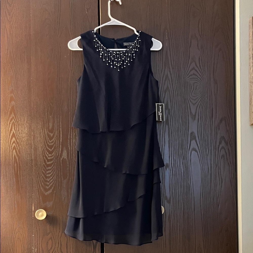 Jessica Howard navy blue dressy midi dress with beaded neck and ruffled. 6P NWT